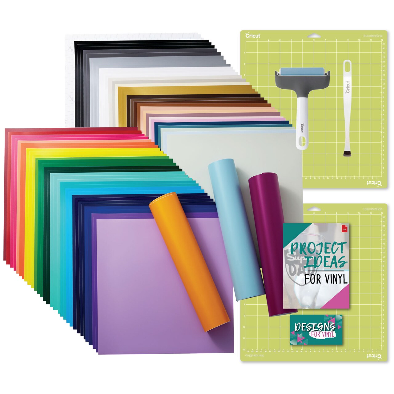 Cricut Removable Vinyl 70ct Ultimate Sampler with Standard Grip Mat and Brayer Bundle